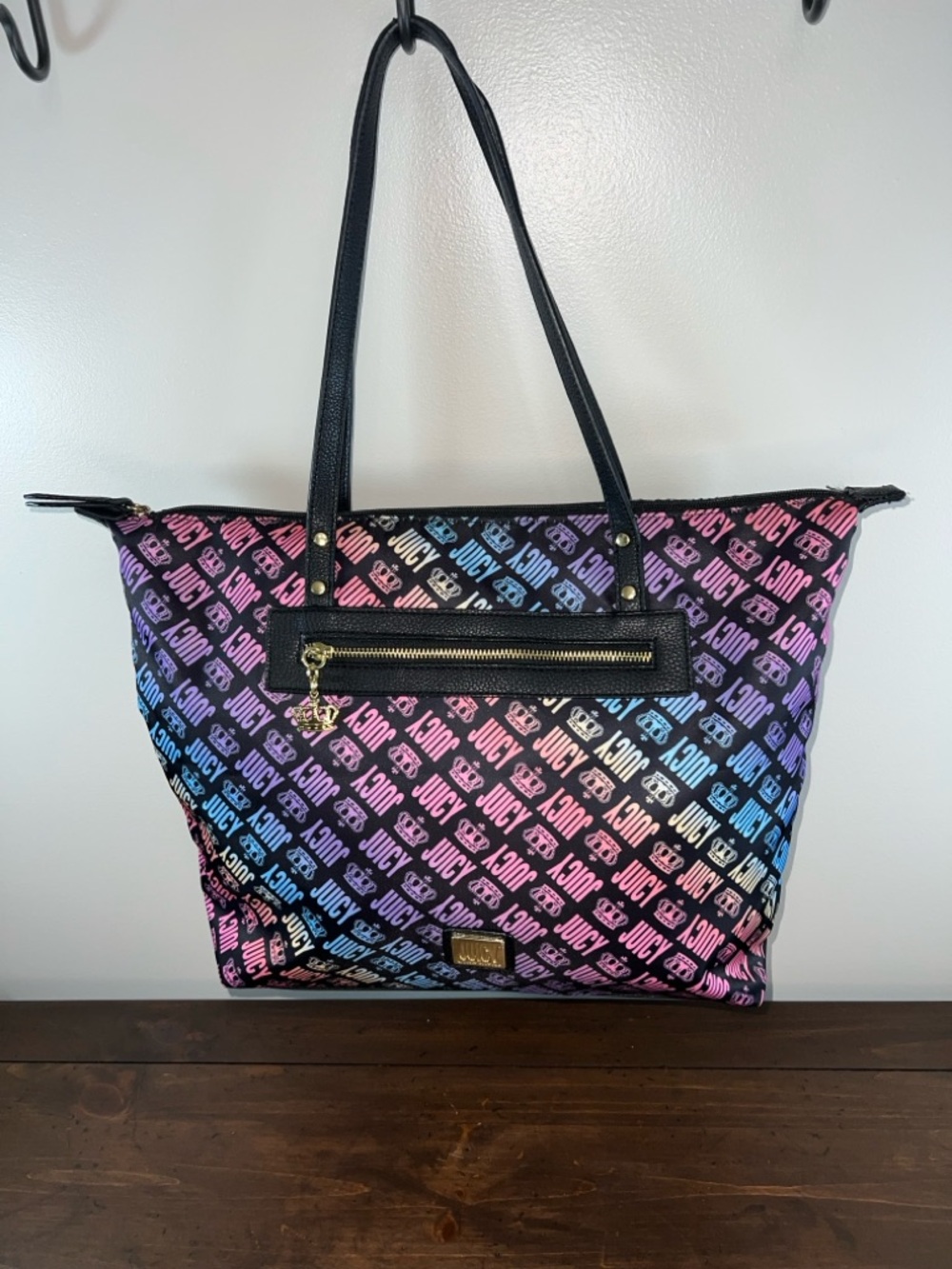 Juicy Couture Rainbow Black Multi Logo Good Sport Tote Bag